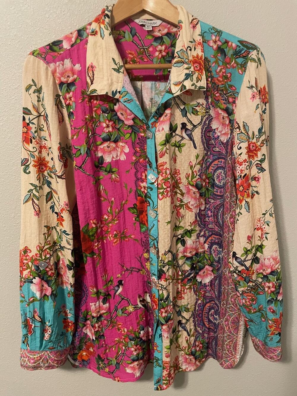 John Mark Tunic Top Womens Medium Multicolor Floral Bird Button Up Boho Artsy
